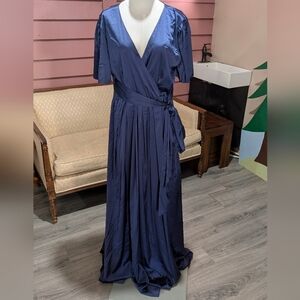 Satin Navy Faux Wrap Dress